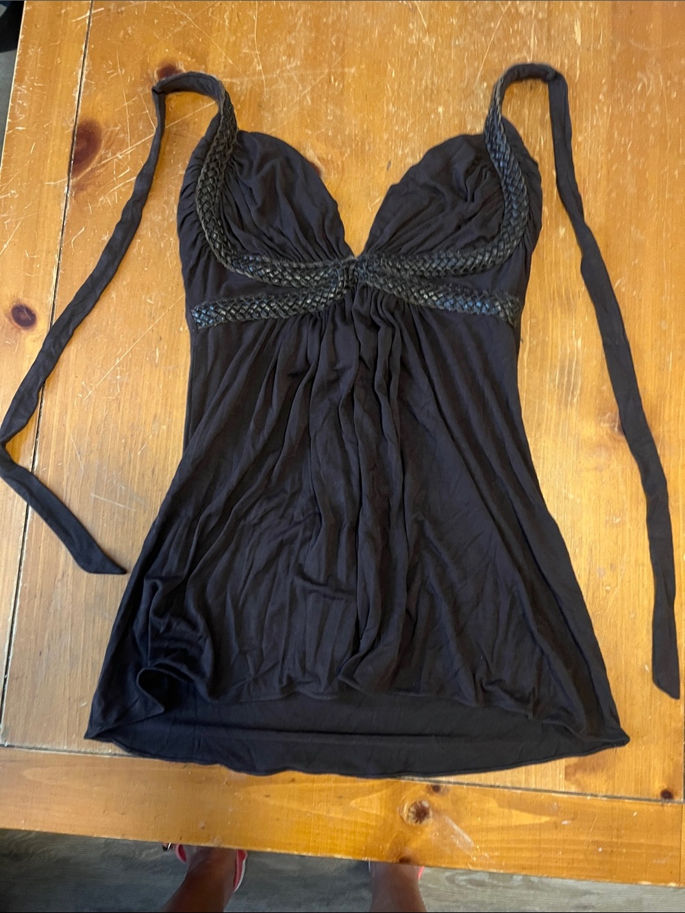 Sky Black Braided-Trim Halter Tank